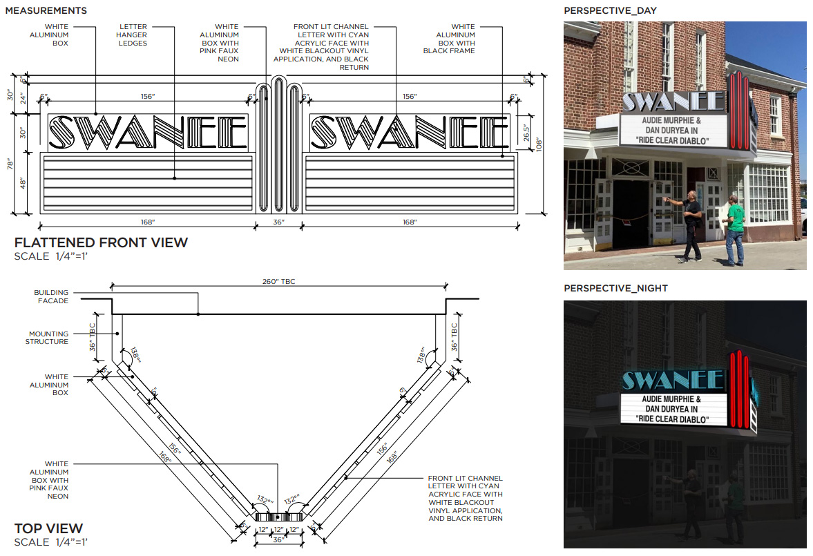 Case Study: Rekindling an Art Deco Legacy — Swanee Theatre Marquee Reface 1 Technical Drawing for Custom Building Sign for Louisville Comedy Club by The Sign Pack - Specialized Design Services for Sign Companies