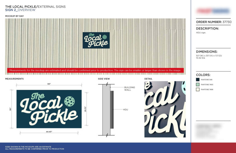 Brand Signage Implementation: How Brands Maintain Signage Consistency Across Every Location 8 Signage Standard for The Local Pickle External HDU dimensional sign design layout for The Local Pickle storefront Powered by The Sign Pack 02 Empower sign companies with production-ready design solutions built on industry standards, technical accuracy, and real-world logic.