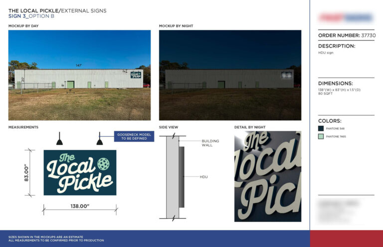 Brand Signage Implementation: How Brands Maintain Signage Consistency Across Every Location 5 Signage Standard for The Local Pickle External HDU dimensional sign design layout for The Local Pickle storefront Powered by The Sign Pack 03 Empower sign companies with production-ready design solutions built on industry standards, technical accuracy, and real-world logic.